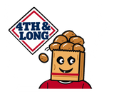 4TH & LONG front pocket artwork: white Arkansas outline with transparent interior, bold diamond lettering and smiling potato bag mascot