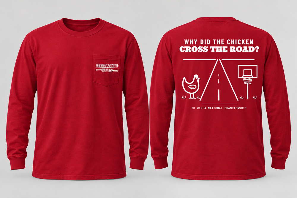 Chicken Cross the Road long sleeve pocket tee — Red, front and back