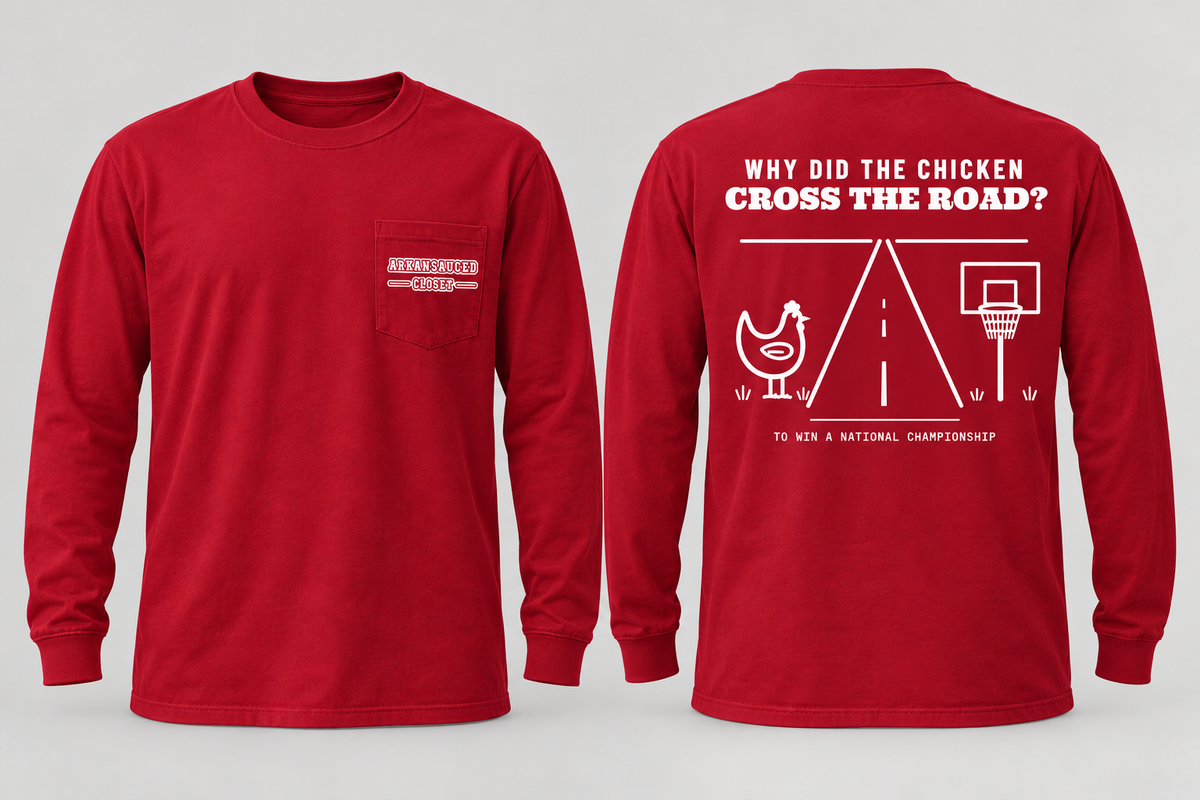 Chicken Cross the Road long sleeve pocket tee — Red, front and back