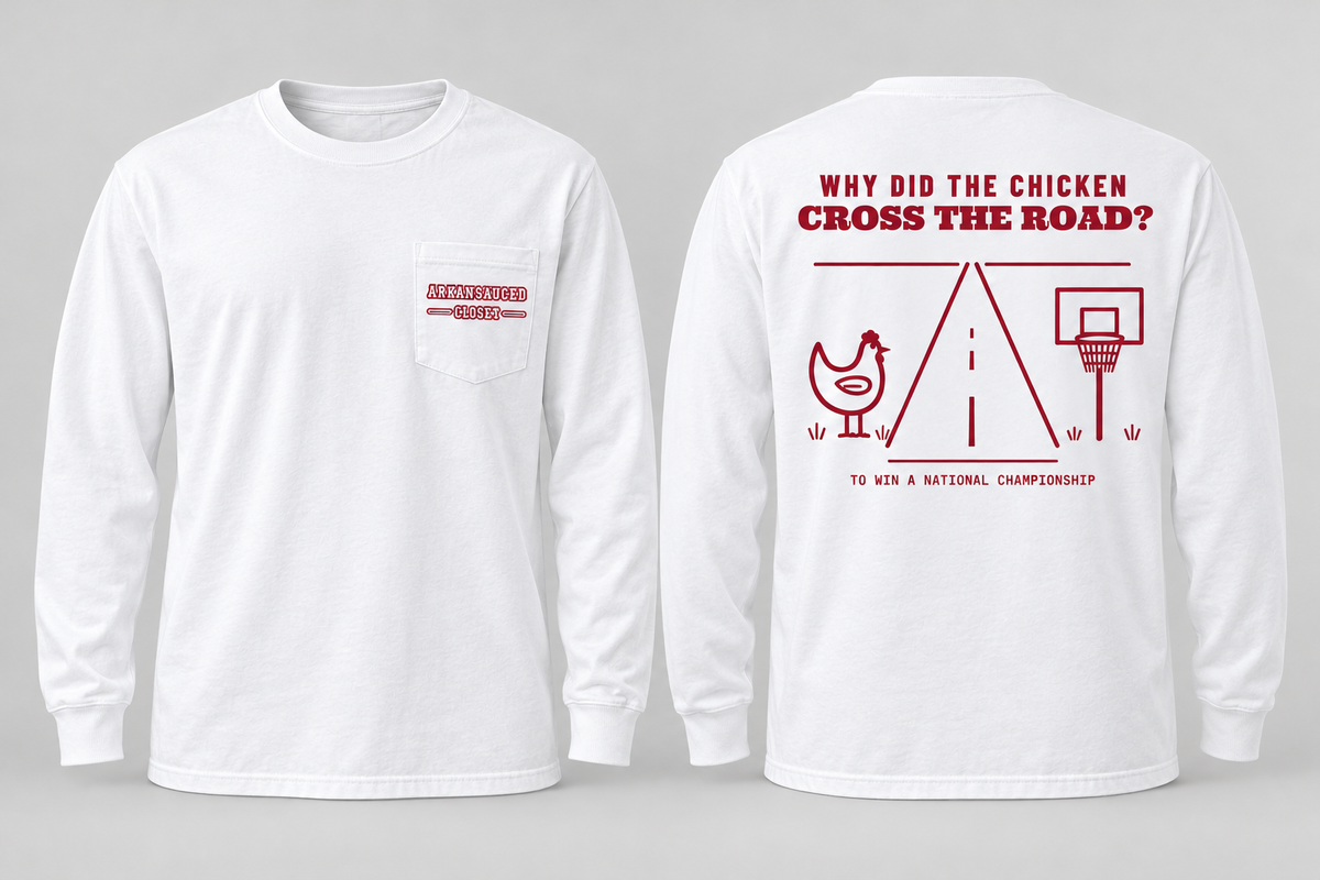 Chicken Cross the Road long sleeve pocket tee — White, front and back
