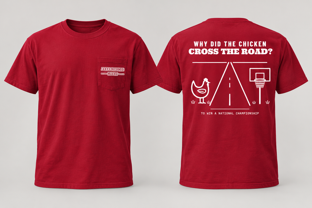 Chicken Cross the Road short sleeve pocket tee — Red, front and back
