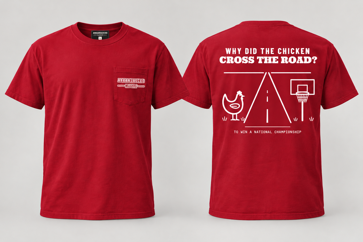 Chicken Cross the Road short sleeve pocket tee — Red, front and back