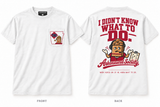 No Game Plan — Short Sleeve Pocket Tee — white — Original Pocket Logo — ARKANSAUCED CLOSET label visible only inside collar; size L sample