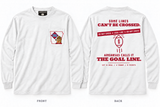 The Goal Line — Long Sleeve Pocket Tee — white — Original Pocket Logo — ARKANSAUCED CLOSET label visible only inside collar; size L sample