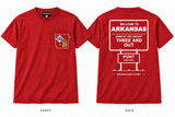 Three and Out — Short Sleeve Pocket Tee — red — Original Pocket Logo — ARKANSAUCED CLOSET label visible only inside collar; size L sample