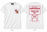 Three and Out — Short Sleeve Pocket Tee — white — Original Pocket Logo — ARKANSAUCED CLOSET label visible only inside collar; size L sample