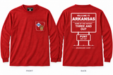 Three and Out — Long Sleeve Pocket Tee — red — Original Pocket Logo — ARKANSAUCED CLOSET label visible only inside collar; size L sample