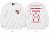 Three and Out — Long Sleeve Pocket Tee — white — Original Pocket Logo — ARKANSAUCED CLOSET label visible only inside collar; size L sample