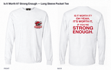 Strong Enough — Long Sleeve Pocket Tee — White — Beer Helmet: blank cardinal red helmet, one beer can on each side, two straws to mouth — ARKANSAUCED CLOSET label visible only inside collar; size L sample