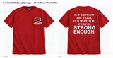 Strong Enough — Short Sleeve Pocket Tee — Red — Beer Helmet: blank cardinal red helmet, one beer can on each side, two straws to mouth — ARKANSAUCED CLOSET label visible only inside collar; size L sample