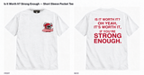 Strong Enough — Short Sleeve Pocket Tee — White — Beer Helmet: blank cardinal red helmet, one beer can on each side, two straws to mouth — ARKANSAUCED CLOSET label visible only inside collar; size L sample