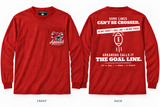 The Goal Line — Long Sleeve Pocket Tee — Red — Beer Helmet: blank cardinal red helmet, one beer can on each side, two straws to mouth — ARKANSAUCED CLOSET label visible only inside collar; size L sample