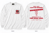 The Goal Line — Long Sleeve Pocket Tee — White — Beer Helmet: blank cardinal red helmet, one beer can on each side, two straws to mouth — ARKANSAUCED CLOSET label visible only inside collar; size L sample