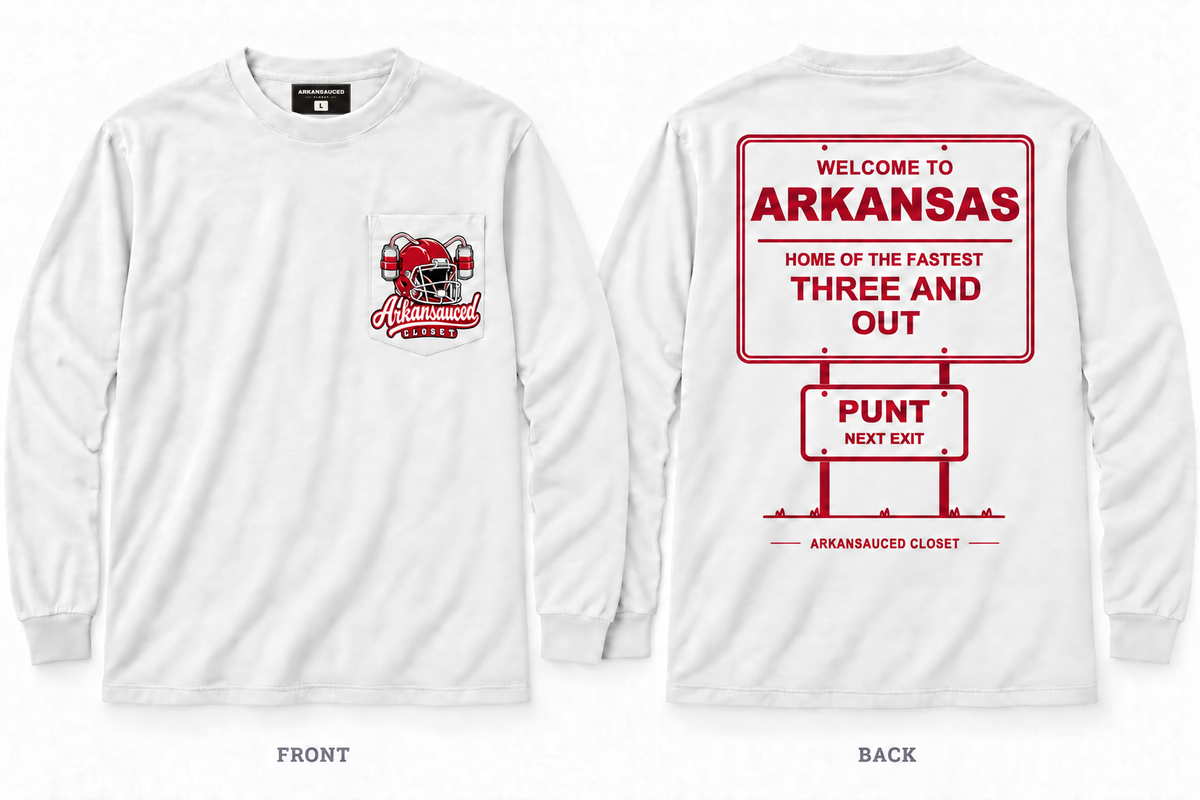 Three and Out — Long Sleeve Pocket Tee — White — Beer Helmet: blank cardinal red helmet, one beer can on each side, two straws to mouth — ARKANSAUCED CLOSET label visible only inside collar; size L sample