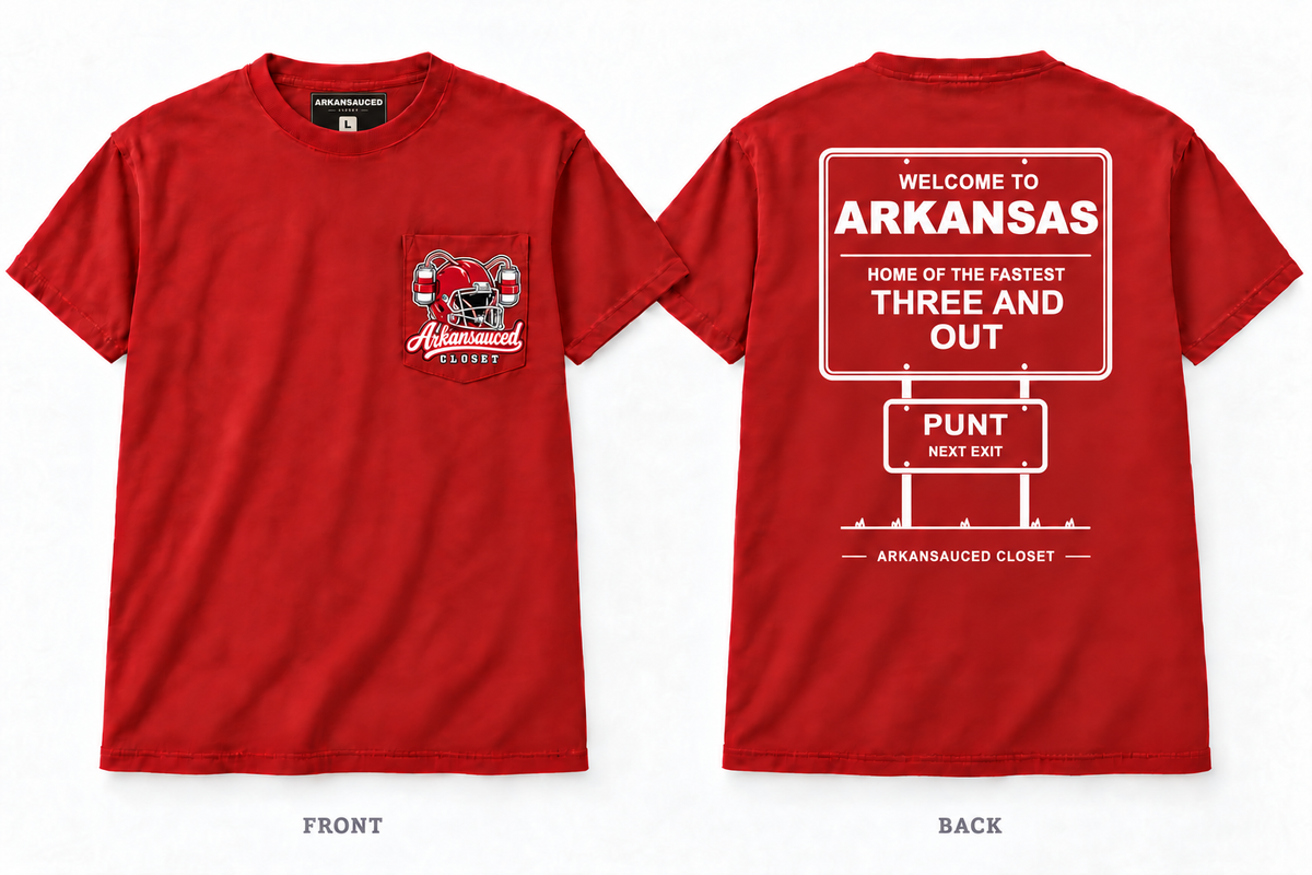 Three and Out — Short Sleeve Pocket Tee — Red — Beer Helmet: blank cardinal red helmet, one beer can on each side, two straws to mouth — ARKANSAUCED CLOSET label visible only inside collar; size L sample