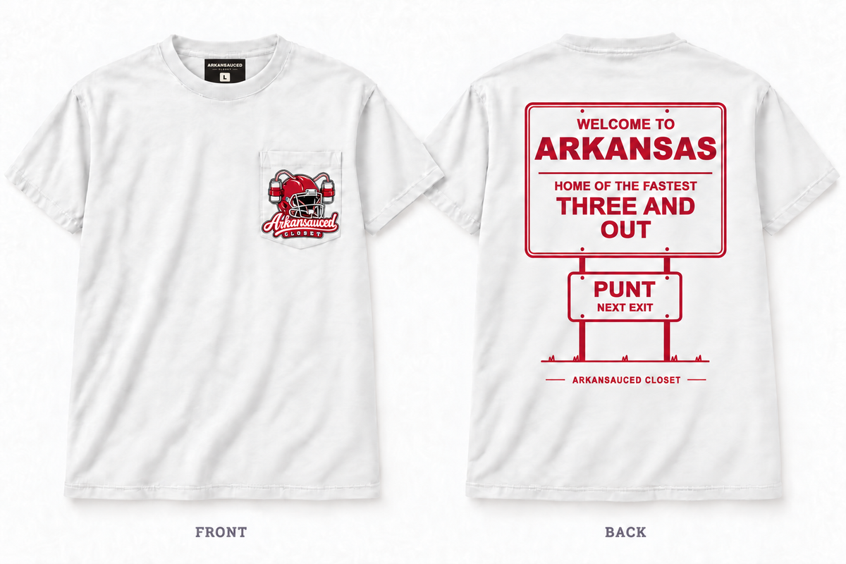 Three and Out — Short Sleeve Pocket Tee — White — Beer Helmet: blank cardinal red helmet, one beer can on each side, two straws to mouth — ARKANSAUCED CLOSET label visible only inside collar; size L sample