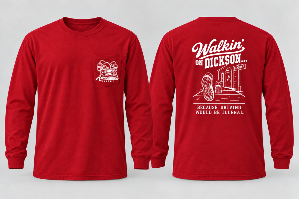 Walkin’ on Dickson — Long Sleeve Pocket Tee in red with hog football helmet, one beer on each side, and Arkansauced Closet pocket logo