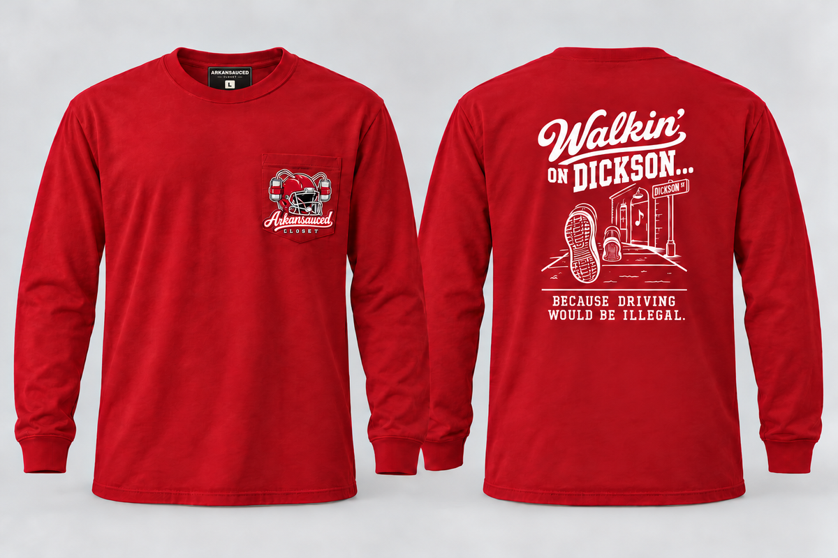 Walkin’ on Dickson — Long Sleeve Pocket Tee — Red — Beer Helmet: blank cardinal red helmet, one beer can on each side, two straws to mouth — ARKANSAUCED CLOSET label visible only inside collar; size L sample