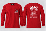 Walkin’ on Dickson — Long Sleeve Pocket Tee in red with hog football helmet, one beer on each side, and Arkansauced Closet pocket logo
