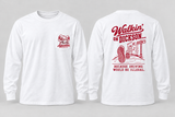 Walkin’ on Dickson — Long Sleeve Pocket Tee in white with hog football helmet, one beer on each side, and Arkansauced Closet pocket logo