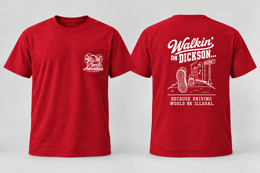 Walkin’ on Dickson — Short Sleeve Pocket Tee in red with hog football helmet, one beer on each side, and Arkansauced Closet pocket logo