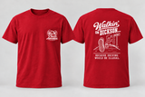 Walkin’ on Dickson — Short Sleeve Pocket Tee in red with hog football helmet, one beer on each side, and Arkansauced Closet pocket logo