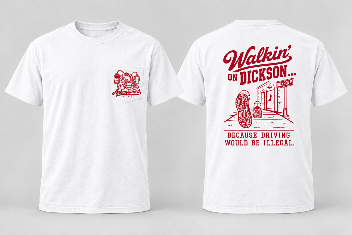 Walkin’ on Dickson — Short Sleeve Pocket Tee in white with hog football helmet, one beer on each side, and Arkansauced Closet pocket logo