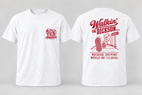 Walkin’ on Dickson — Short Sleeve Pocket Tee in white with hog football helmet, one beer on each side, and Arkansauced Closet pocket logo