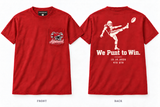 We Punt to Win — Short Sleeve Pocket Tee — Red — Beer Helmet: blank cardinal red helmet, one beer can on each side, two straws to mouth — ARKANSAUCED CLOSET label visible only inside collar; size L sample