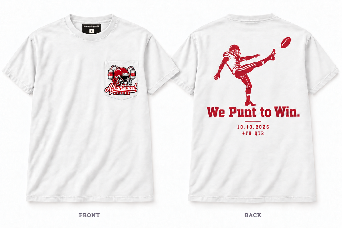 We Punt to Win — Short Sleeve Pocket Tee — White — Beer Helmet: blank cardinal red helmet, one beer can on each side, two straws to mouth — ARKANSAUCED CLOSET label visible only inside collar; size L sample